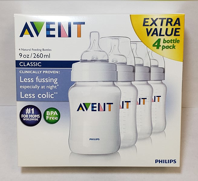 Philips Avent Classic 9 oz Feeding Baby Bottle Slow Flow Nipple, 4-Pack