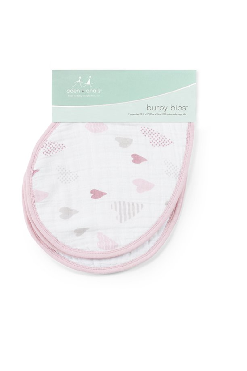 Aden + Anais Burpy Bibs, bib and burping cloth in one, in Heart Breaker print with pink hearts on a white background, 2 pack