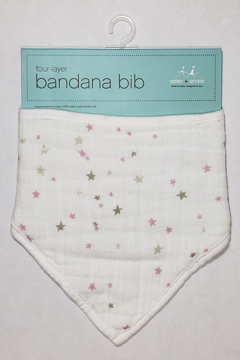 Aden + Anais Baby Bandana Bib, in Lovely Starburst print with pint and tan stars on a white background, for drooling