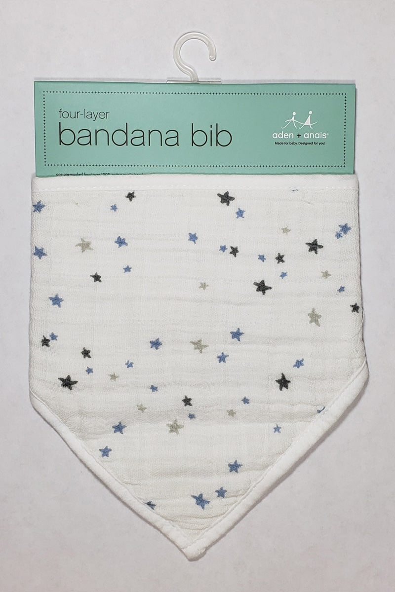 Aden + Anais Baby Bandana Bib, in Night Sky Starburst print, with blue and tan stars on a white background, for drooling