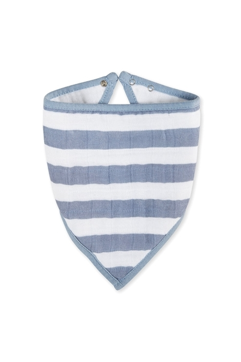 Aden + Anais Baby Bandana Bib, in Rock Star Stripe print with white and blue stripes, for drooling