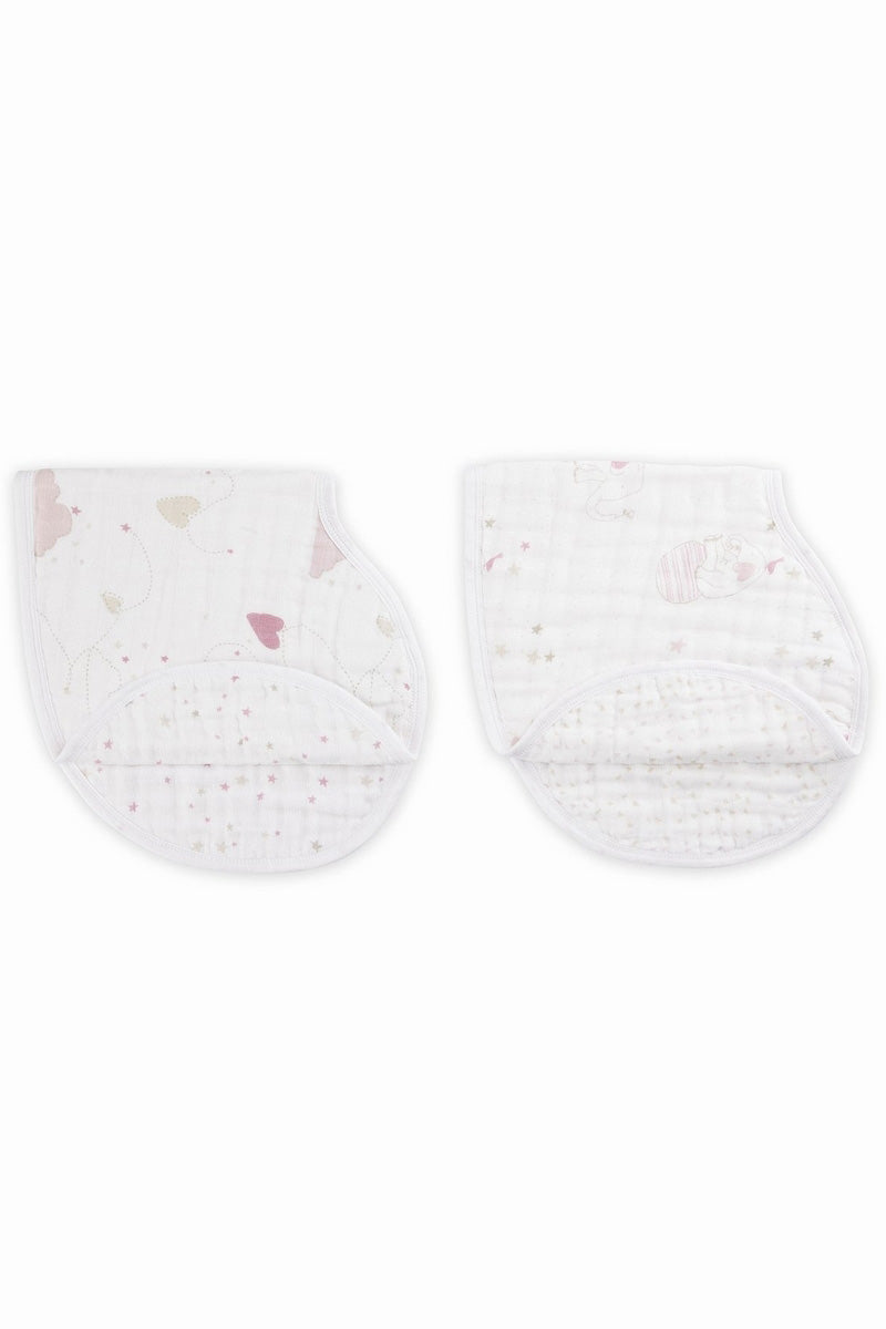 Aden + Anais Baby Burpy Bibs, 2-Pack, in Lovely print, pink hearts on a white background and elephants on a white background