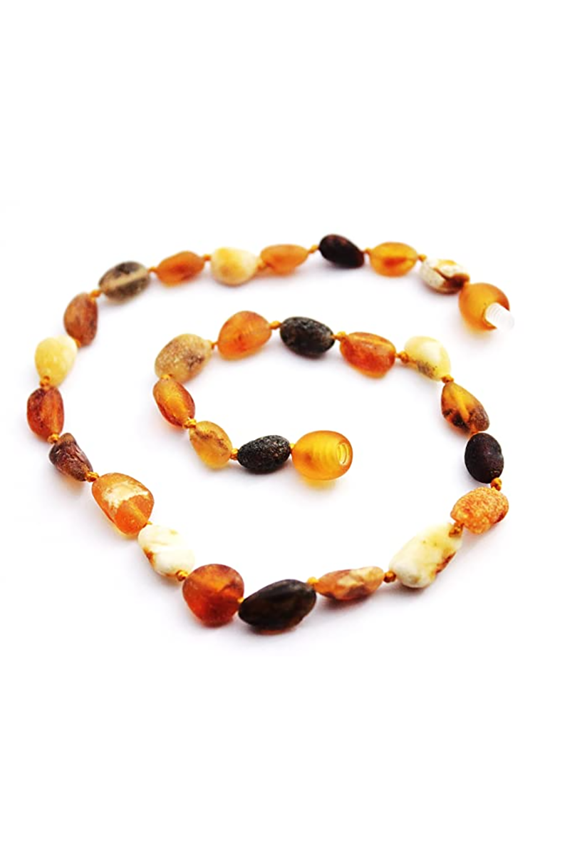 Momma Goose Amber Teething Necklace, Olive Unpolished Multi